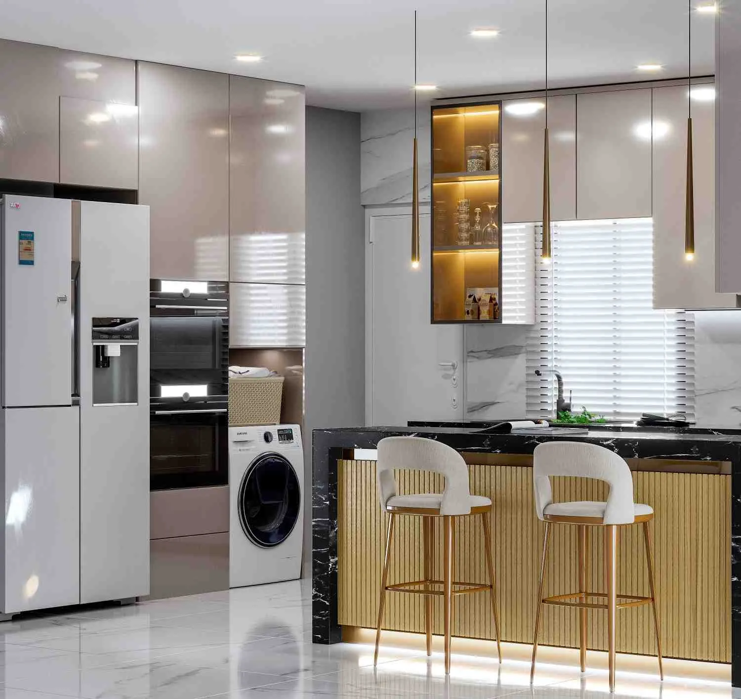 Modern kitchen with a refrigerator, built-in ovens and a washing machine